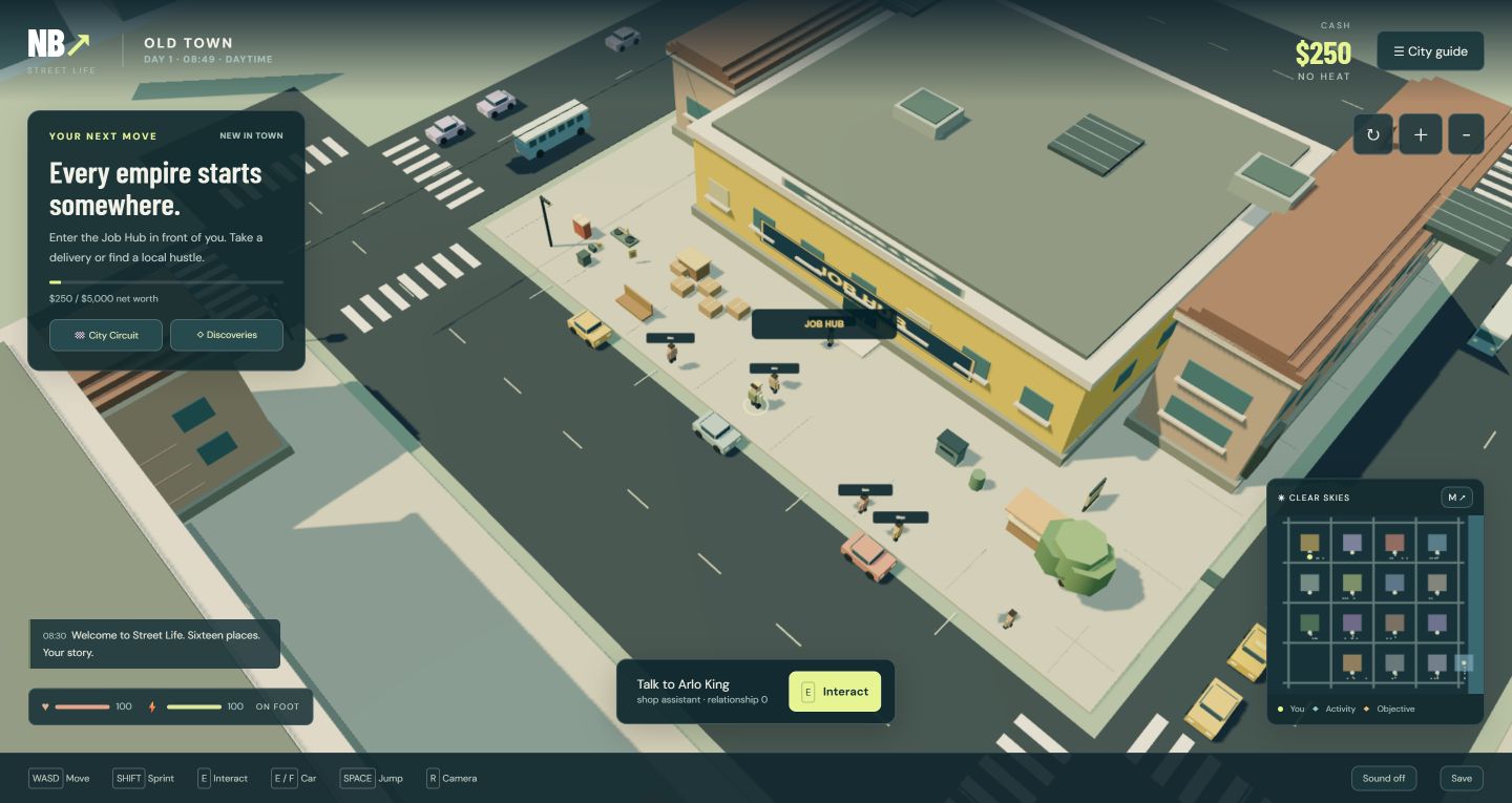 Actual Neon Borough gameplay: streets, traffic and the Job Hub